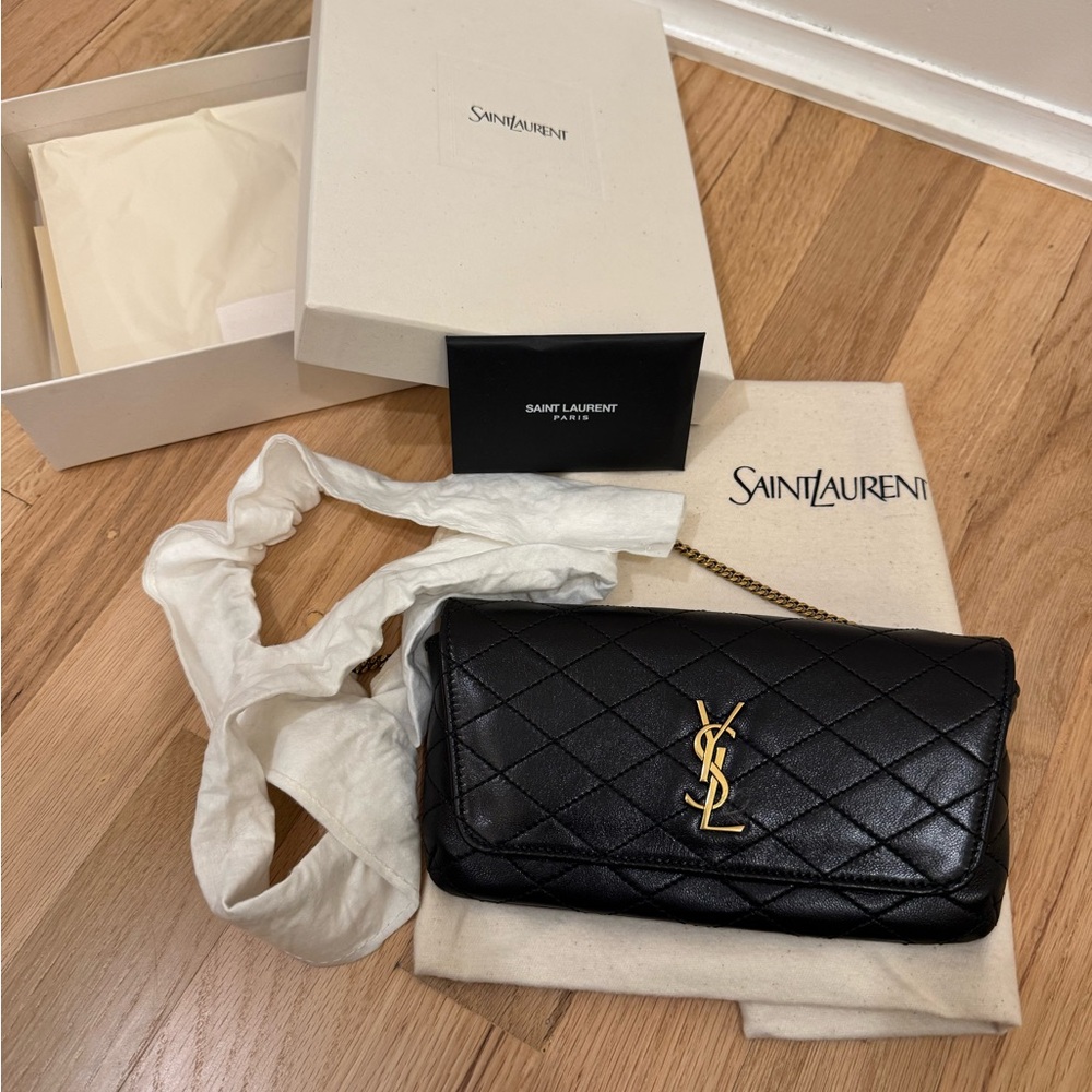 Saint Laurent Black Quilted Clutch with Gold Accents